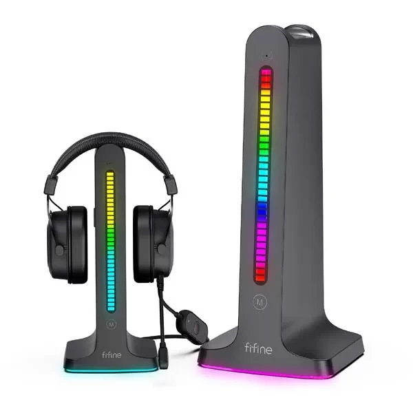 Fifine Ampligame S3 RGB Headphone Stand with 2-in-1 Power Strip & USB Headset Holder for Gaming/Bluetooth Headphones