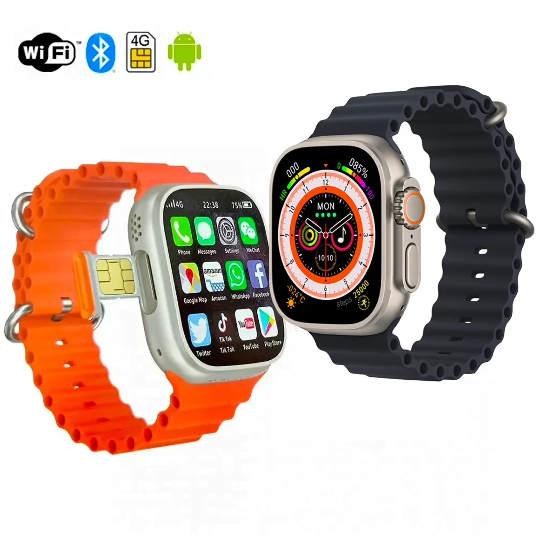 First S8 Ultra 4G SIM Supported Smartwatch With Camera (Black + Orange Strap)