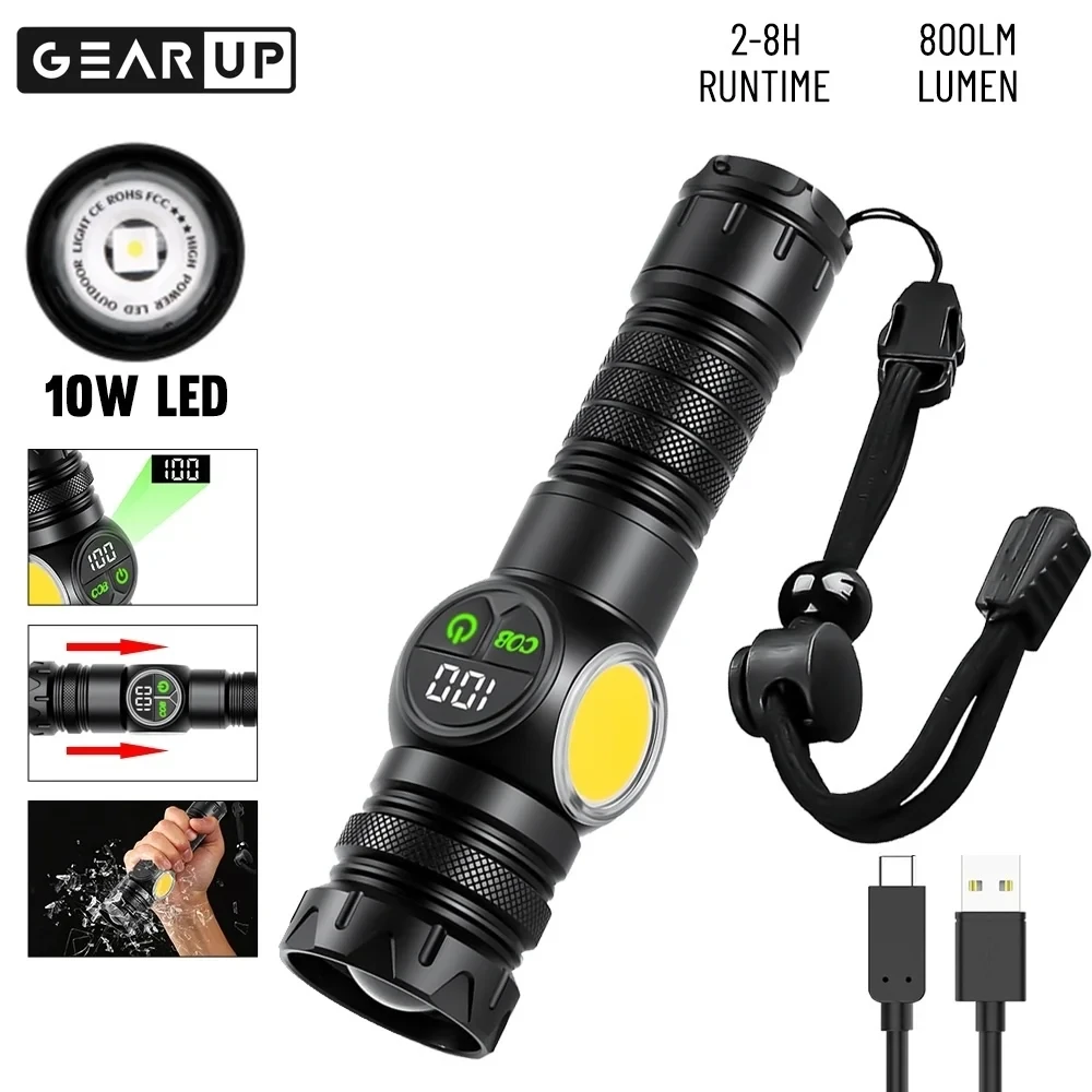 GearUP K60 Outdoor Flashlight Telescopic Zoom 10W COB+LED 800 Lumens Torchlight