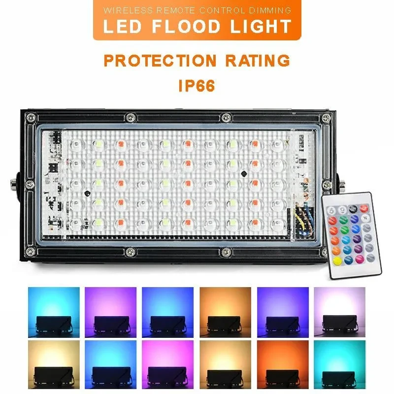 RGB LED Flood Light- Remote Controlled IP66 Waterproof Landscape & Outdoor Lighting 50W - AC220V