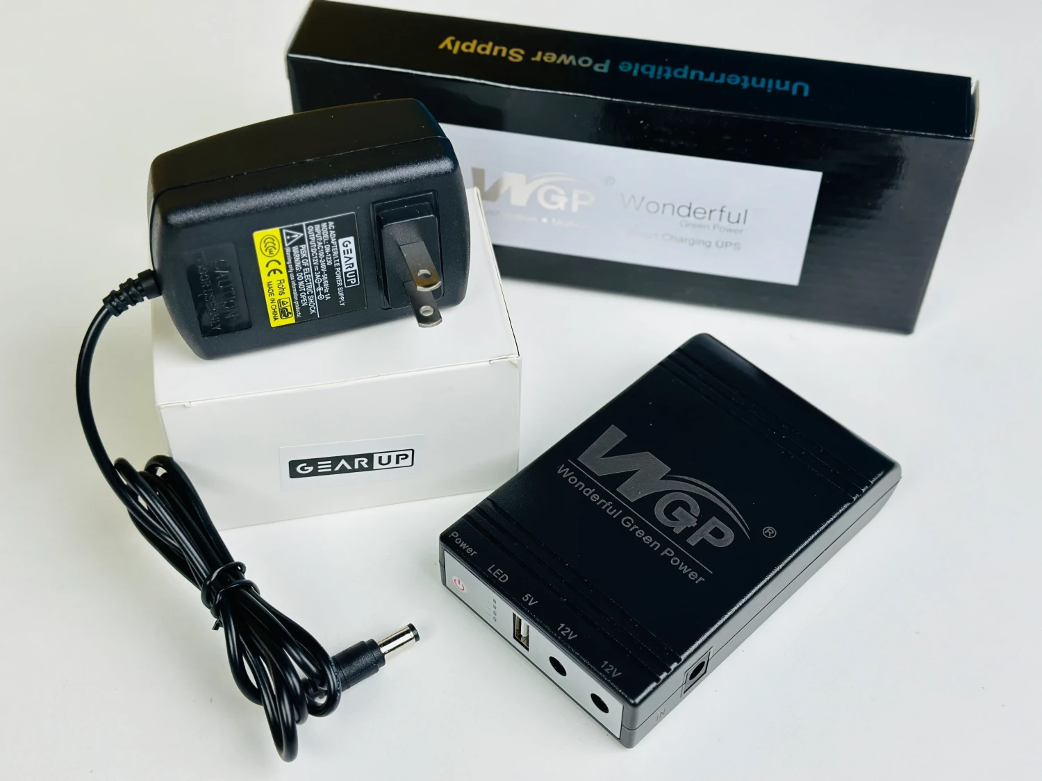 WGP Mini UPS 5V, 9V, 12V (10400mAh) + GearUP 12V/3A Adapter Combo Pack - Backup Up To 10 Hours