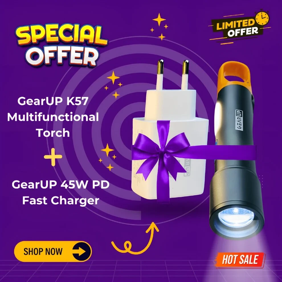 GearUP K57 Multifunctional Rechargeable Torch & GearUP GP007 45W Fast Charging PD Combo