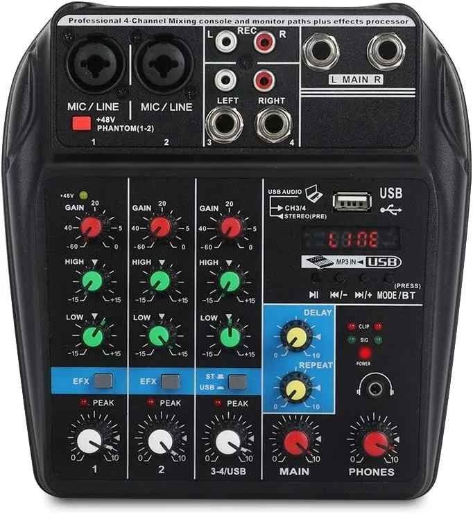 Xtuga A4 4 Channels Audio Mixer Sound Mixing Console With Bluetooth USB Record 48V Phantom Power