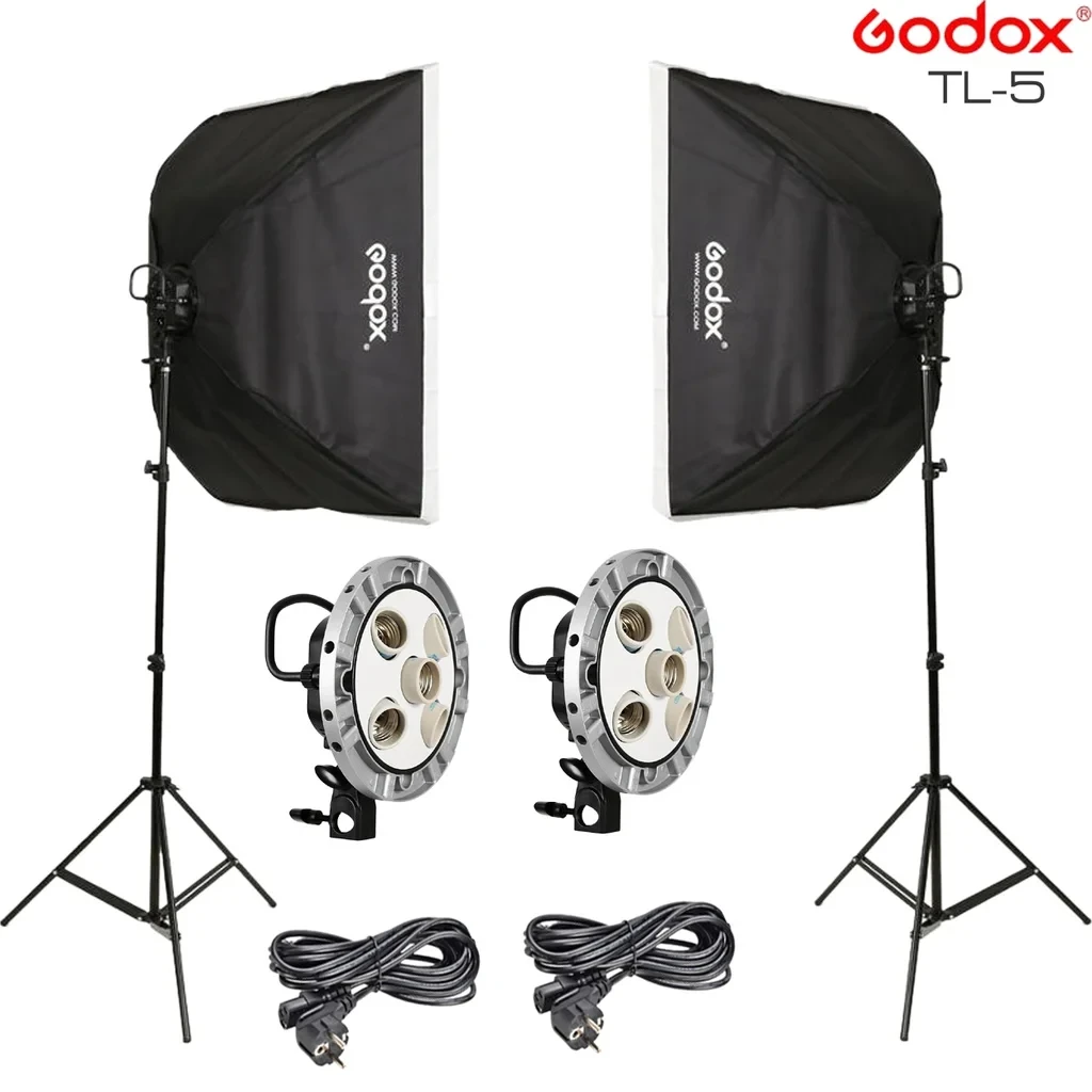 Godox TL-4 4-in-1 Bulb Head Multi-Holder with Tricolor Light, Light Stand, and 60x60cm Softbox – 2pcs Set for Camera Photography