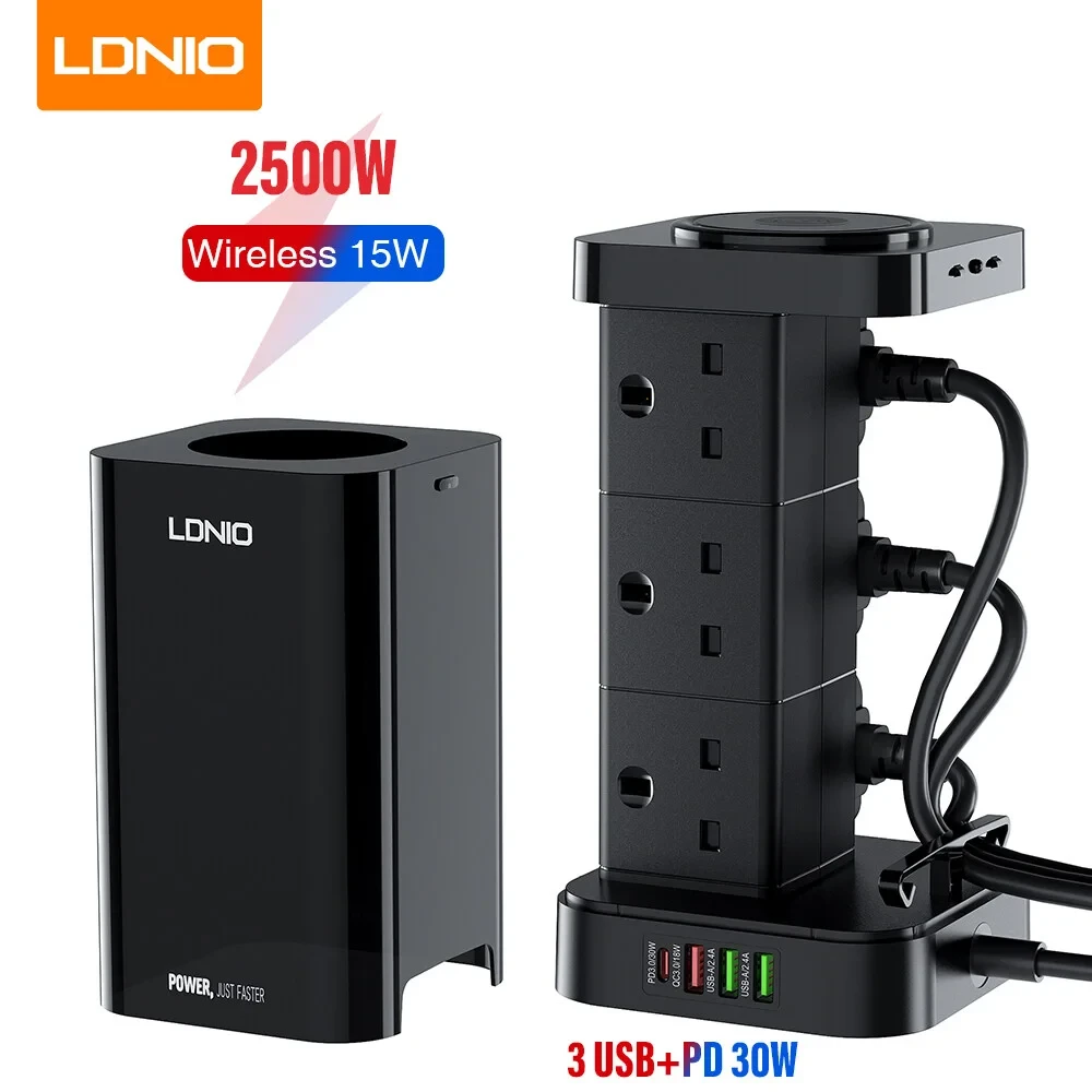 Ldnio SKW6457 6 Outlet USB Tower Extension Power Socket With 15W Wireless Charger