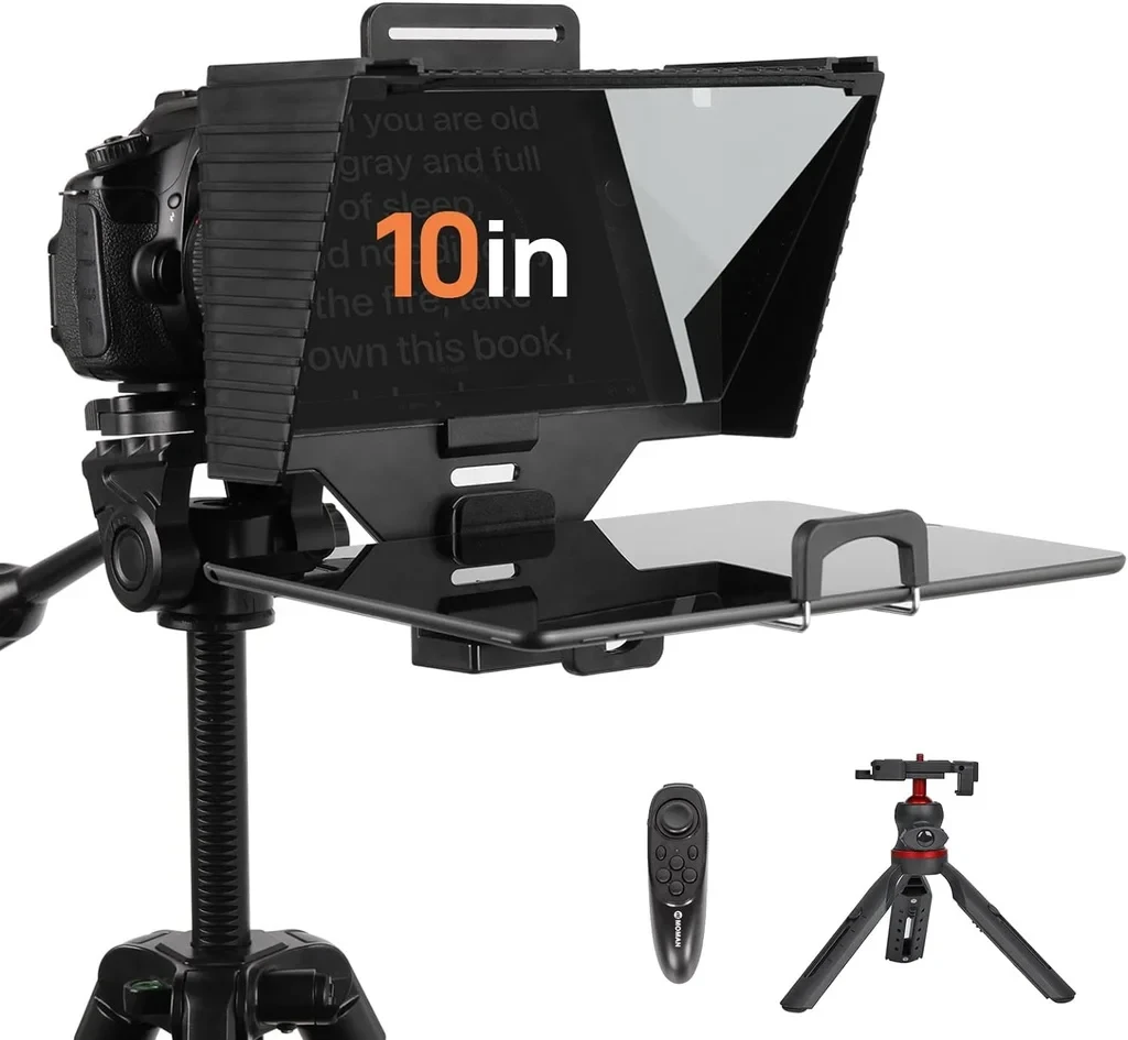 Moman Teleprompter with Tripod for DSLR Cameras – 70/30 Beam Split Glass, Remote Control, and Tablet/iPad Compatibility