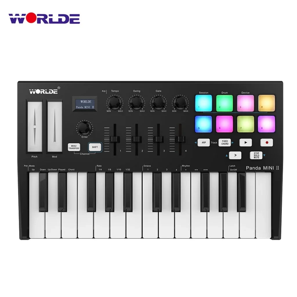 Worlde Panda MINI II Portable 25-Key USB MIDI Keyboard Controller with 8 RGB Backlit Trigger Pads, 4 Assignable Control Knobs, and 4 Assignable Slider