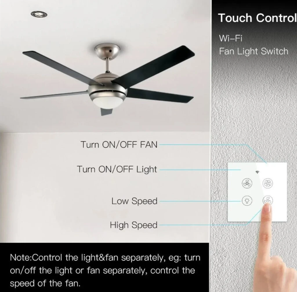 GearUP Wifi Ceiling Fan Speed Controller + Light Switch Works with TUYA & Smart Life Mobile App - White (Remote NOT Included)