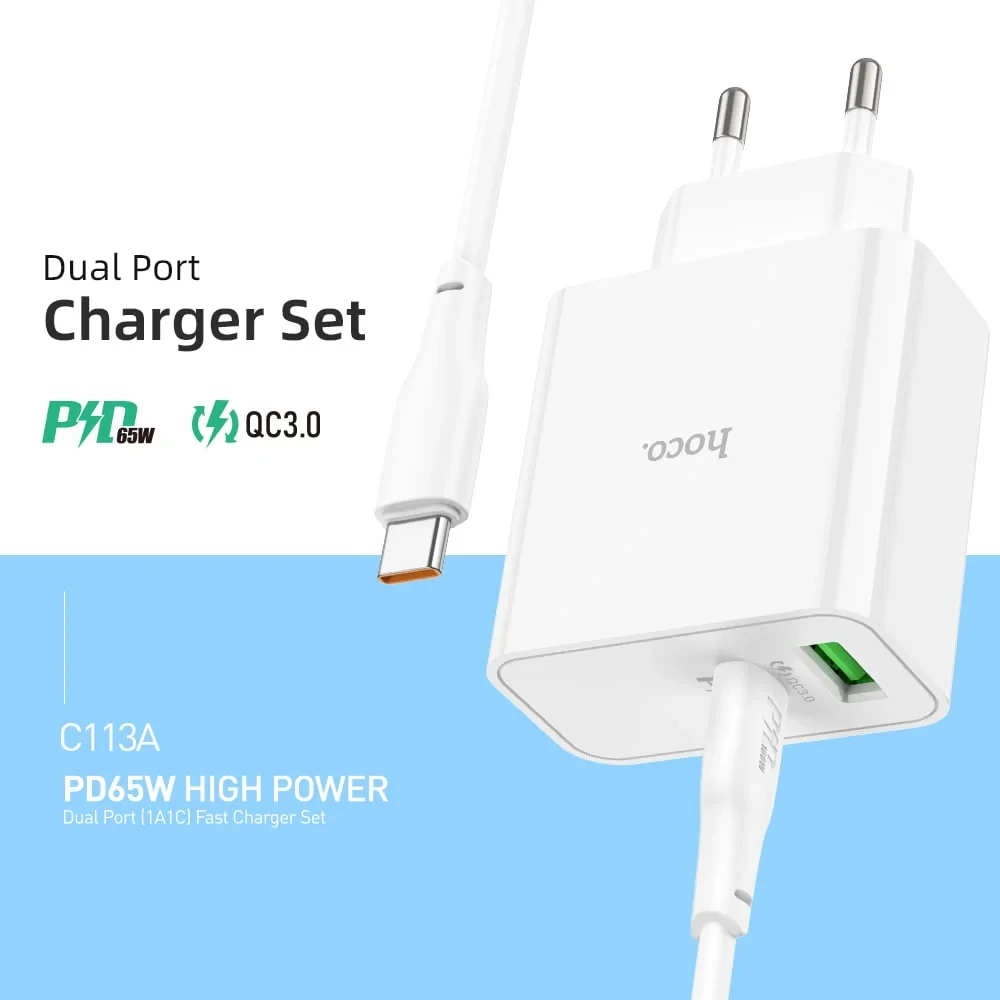 Hoco C113A Type-C to TypeC PD65W (1A1C) Charger (EU)